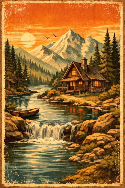 BiveSa Nehir Doğa Ve Ahşap Ev Retro Ahşap Poster