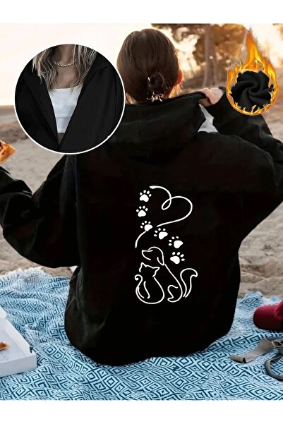 ship master Women's Zippered Hooded Sweatshirt Cat Dog Paw Printed Casual Tra...
