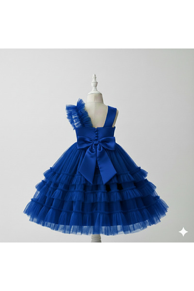 shop Girl's Cobalt Blue One-Shoulder Bowknot Layered Tulle Dress