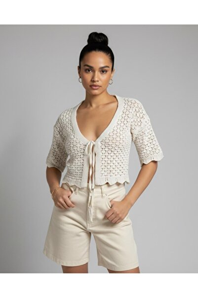 Be Best Women's Ecru Front-Tie Lace-Like Knit Knitwear Cardigan Be366