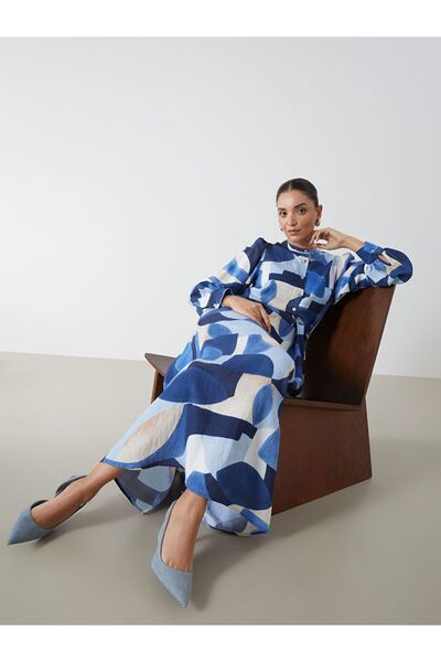 LC Waikiki Lcwaikiki Classic Blue Crew Neck Patterned Dress