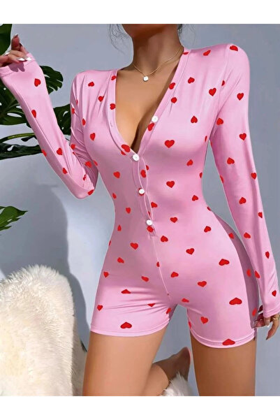 Redsaks Heart Patterned Long Sleeve Pajama Jumpsuit