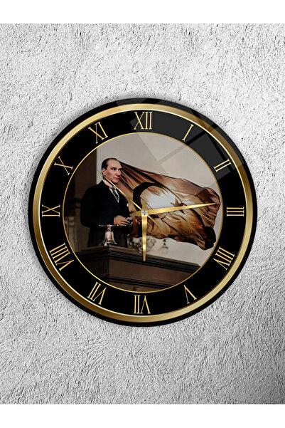 Olinpa Unbreakable Glass Wall Clock, Gold Home and Office Gift with Ataturk P...