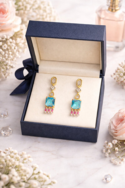 mischa jewelry Turkuaz&pembe zirkon taşlı gold uzun küpe-kararmayan seri