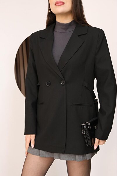 Moda Banuş Black Blazer with Side Belt Detail Women's Jacket