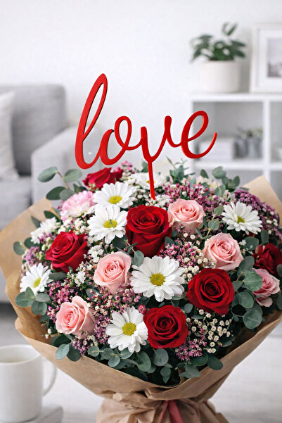 YSR HOME 3 ADET Sevgililer Günü Love Yazılı Kırmızı Çiçek Buketi Süsü | Roman...