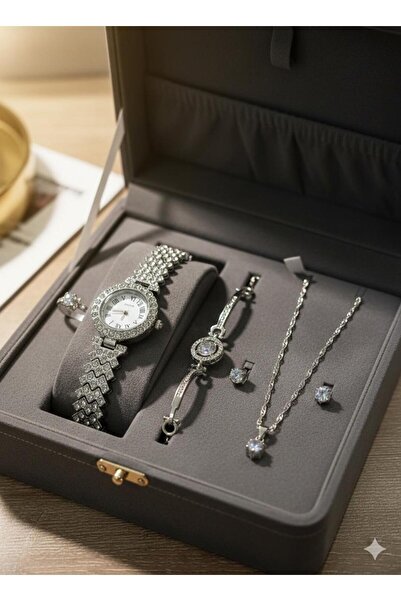 Elifin ışığı 5’li Gümüş Renk Kristal Taşlı Takı ve Saat Seti