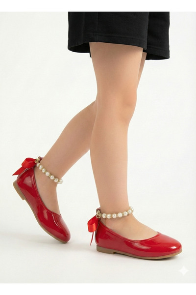 KATEYLER Balerini pentru fete din piele lacuită roșie, cu detaliu de perle la...