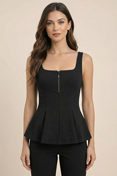 Qaju Women's Zippered Square Neck Peplum Blouse - Black