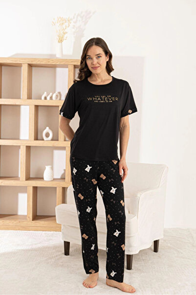 Pijamoni Women's Milan Fabric Teddy Bear Patterned Black Pajama Set