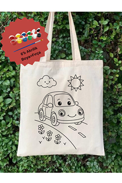 Cemira Sevimli Araba Boyama Çanta Seti – 6’lı Akrilik Boya + Fırça + Çanta - ...