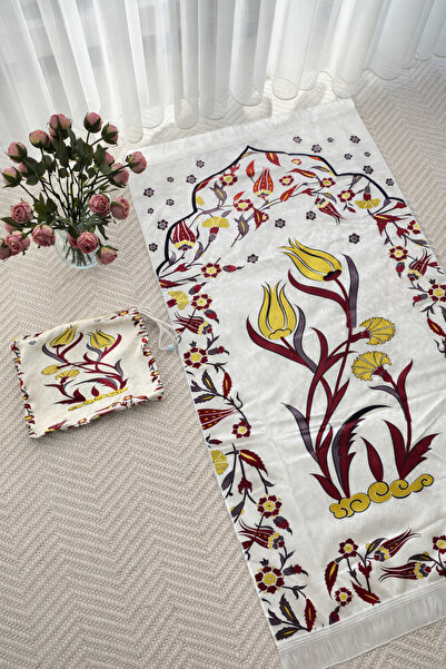 uhtico İpek Dokulu Çantalı Lale Desenli Seccade Krem, Hac Umre Çeyiz Bohça He...