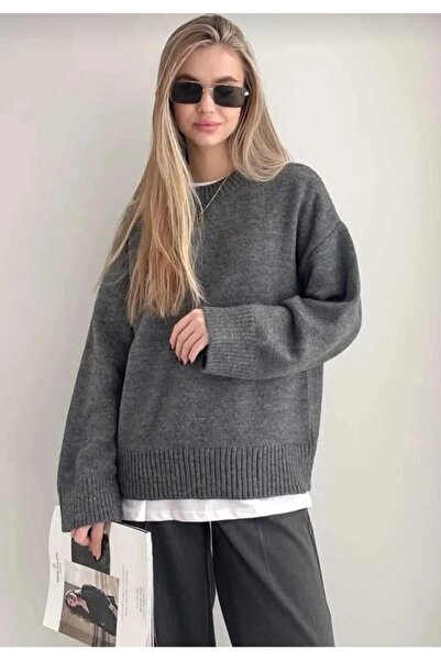 LUVON Anthracite Crew Neck Oversize Knitwear Women's Sweater