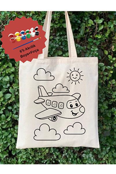 Cemira Uçak Temalı Çocuk Boyama Çanta Seti – 6’lı Akrilik Boya + Fırça + Çant...