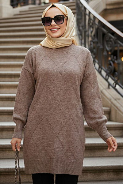 N.S NEVA STYLE Baklava Patterned Dark Mink Hijab Knitwear Sweater 6008Kv