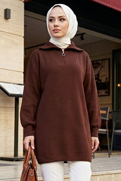 N.S NEVA STYLE Brown Hijab Knitwear Sweater with Zipper on the Collar 10912Kh