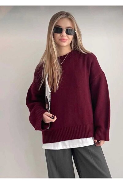LUVON Burgundy Crew Neck Oversize Knitwear Women's Sweater