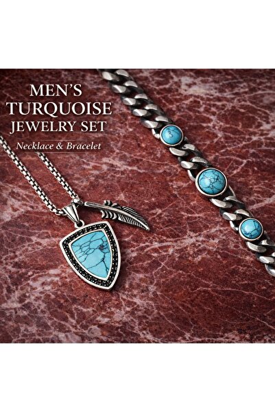 voyageaccessory Men's Turquoise Stone Necklace and Bracelet Set – Men's Jewel...
