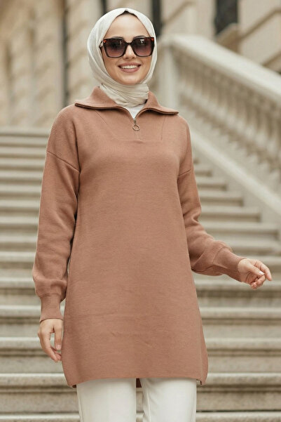 N.S NEVA STYLE Biscuit Hijab Knitwear Sweater with Zipper Collar 10912Bs