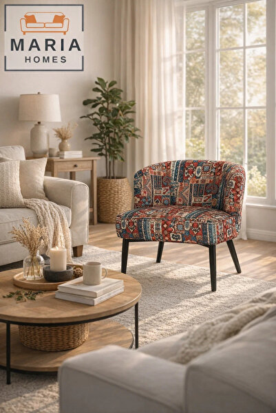 MARIA HOMES Red Patterned Accent Chair with Black Legs – Modern Lounge Chair