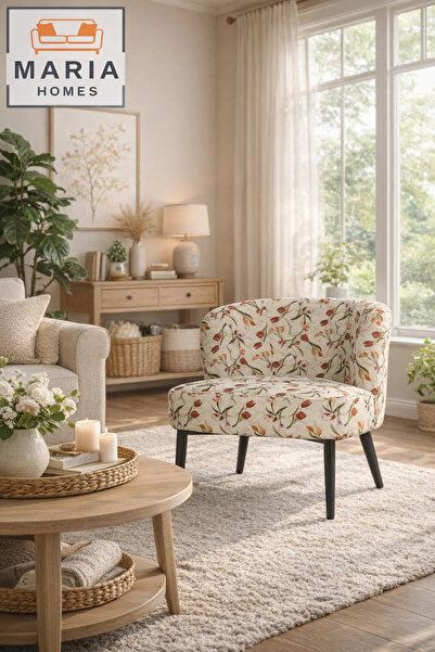 MARIA HOMES كرسي مزخرف بنقوش زهرية وأرجل سوداء – كرسي استرخاء عصري