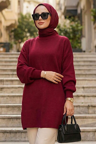 N.S NEVA STYLE High-Neck Cherry Hijab Knitwear Sweater 10381Vsn