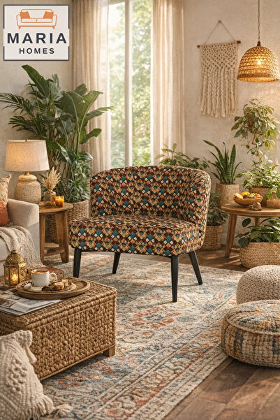 MARIA HOMES Yellow Patterned Accent Chair with Black Legs – Modern Lounge Chair