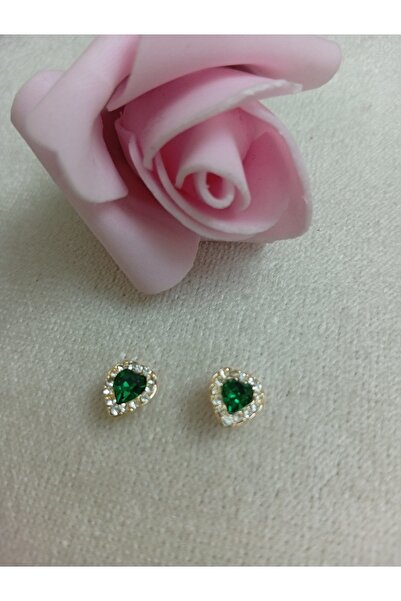 Pervin Ablacım Children's Earrings with Hearts and Green Stones Are Made of N...