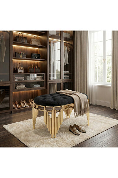 lowena home ULTRA LAK GOLD KAPLAMA METAL AYAKLI SİYAH BABY FACE KUMAŞLI PUF
