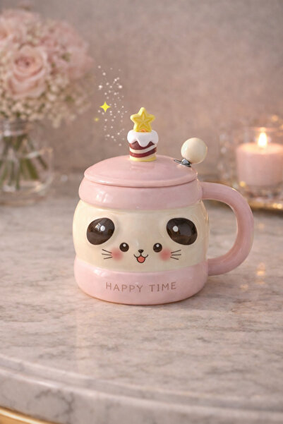 matheon Ceramic Mug with Dog Figure and Lid Happy Time – Decorative Gift Cup