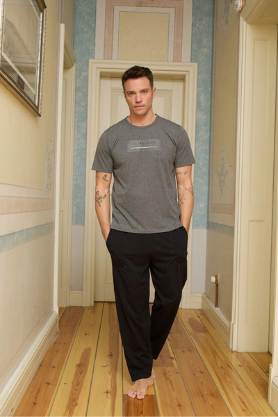 Pijamoni Crew Neck Short Sleeve Men's Dark Gray Pajama Set