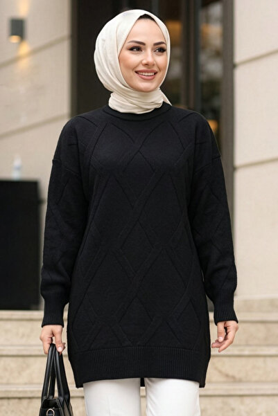 N.S NEVA STYLE Baklava Patterned Black Hijab Knitwear Sweater 6008S