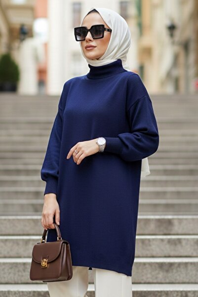 N.S NEVA STYLE High-Necked Navy Blue Hijab Knitwear Sweater 10381L