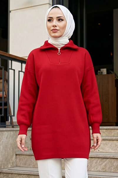 N.S NEVA STYLE Red Hijab Knitwear Sweater with Zipper on the Collar 10912K