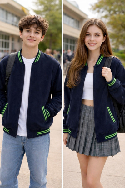 Niy Lacivert polar fıstık yeşili çizgili okul montu