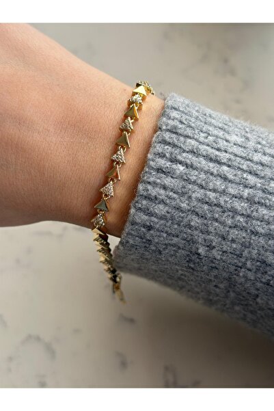 Charmist Çelik gold üçgen detaylı plaka zirkon bileklik