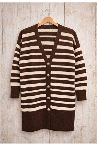 MODA VEDAT Women's Striped Detailed Bearded Soft Cardigan -0370 (Standard Siz...