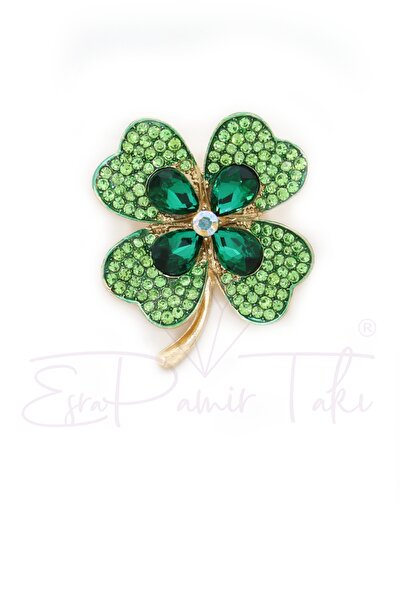 Esra Pamir Yeşil Zirkon Taşlı 4 Yapraklı Yonca Broş
