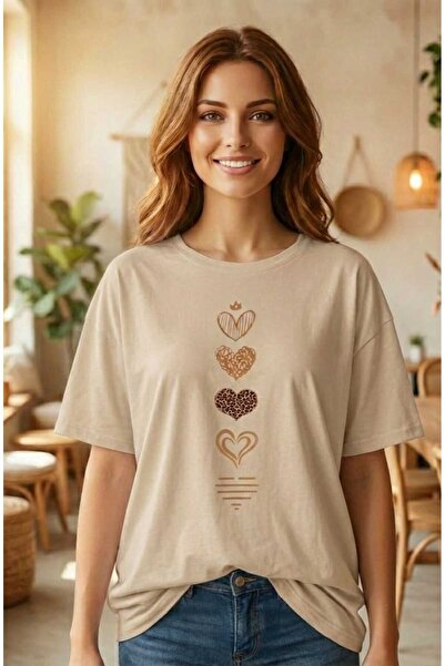 LiyAdaCo Women's Heart Patterned Beige T-Shirt - Crew Neck T-Shirt