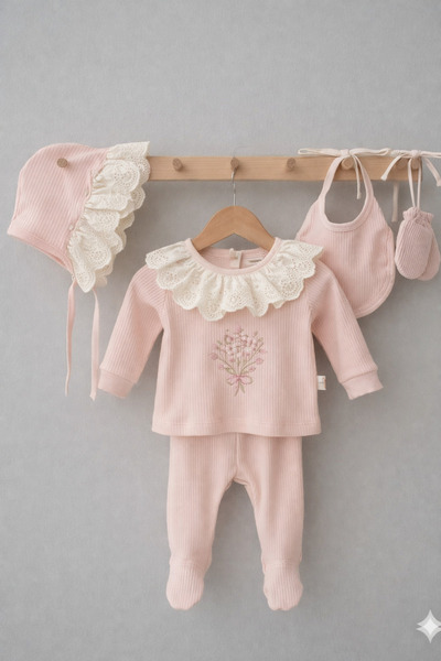 Laria Çiçek Nakışlı Yakası Fırfırlı 5'Li Hastane Çıkış Zıbın Seti - Minicayzen