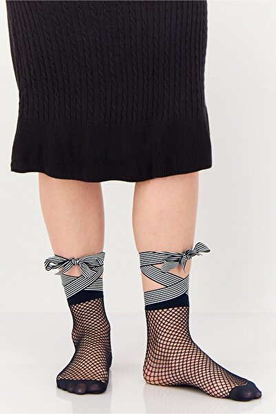 ASOS Design Women 1 Pair Fishnet Stripe Bow Strap Ankle Socks, Navy
