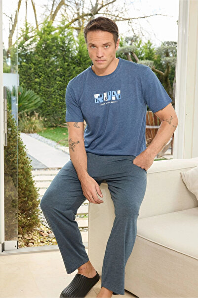 Pijamoni Crew Neck Short Sleeve Men's Navy Blue Pajama Set