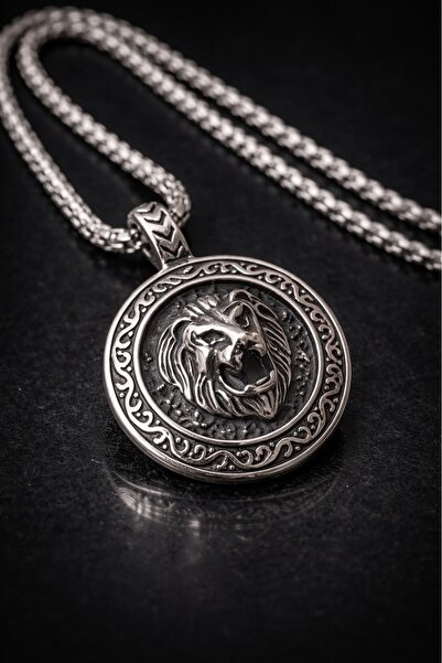 voyageaccessory Stainless Steel Round Medallion Lion Figured Men's Necklace