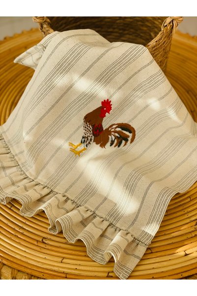 HOME OF BLOSSOM Green Fine Striped Linen Embroidered Kitchen Coverlet