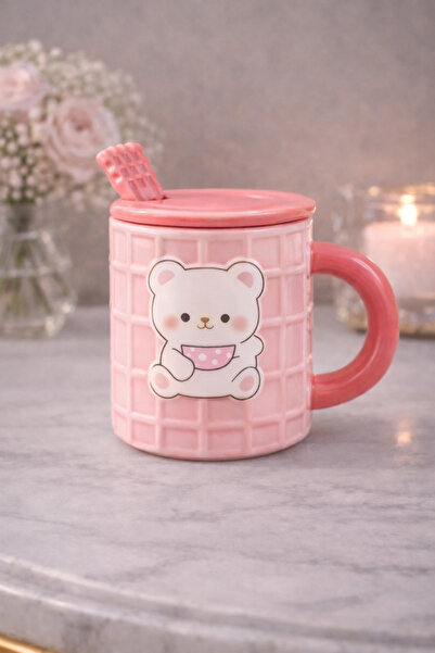 matheon Ceramic Mug with Lid and Spoon and Teddy Bear Figure – Cute Cup with ...