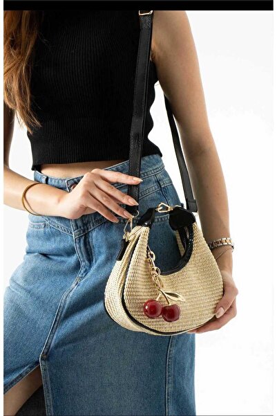 ÖZÜM TAKI حقيبة كتف نسائية من القش باللون الأسود مع هدية كرز تشارم