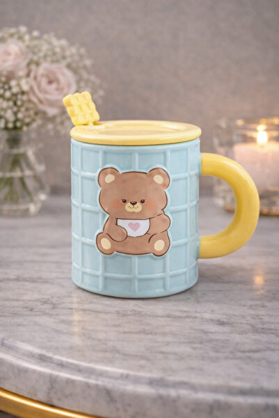 matheon كوب سيراميك على شكل دب مع غطاء وملعقة - كوب لطيف مع خيارات ألوان متعددة