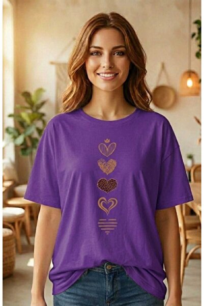 LiyAdaCo Γυναικείο μωβ μπλουζάκι με σχέδιο καρδιάς - Μπλουζάκι με λαιμόκοψη π...