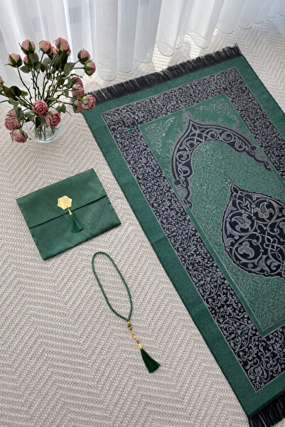 uhtico Şantuk Keseli Tafta Yeşil Seccade Ve Tesbih, Hac Umre Mevlüt Çeyiz Boh...