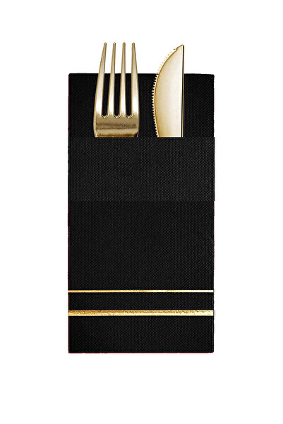 Story 40x40 cm Altın Varak Çizgi Desenli 16'lı Cepli Siyah Renkli Kağıt Peçete